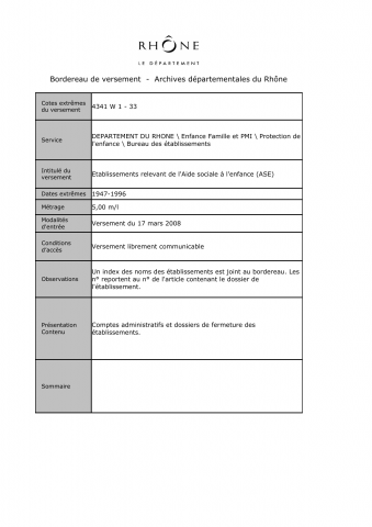 4341W - Département du Rhône - Établissements de l'aide sociale à l'enfance