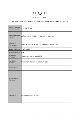 Police, surveillance politique, police de la chasse et de la pêche, police administrative (1832-1940). Associations déclarées à la Préfecture avant 1940 (1909-1968).
