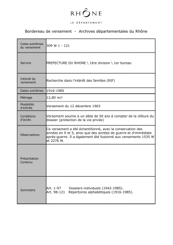 309W - Préfecture du Rhône - Recherche dans l'intérêt des familles (RIF)