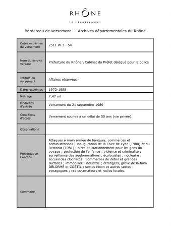 2511W - Préfecture du Rhône - Cabinet du préfet délégué pour la police