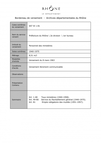 697W - Préfecture du Rhône - Personnel des ministères