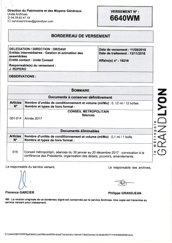 Conseil métropolitain, préparation et tenue des séances.