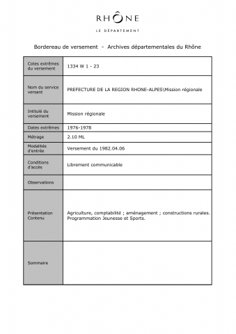 Agriculture ; aménagement ; constructions rurales. Programmation Jeunesse et Sports.