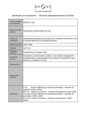 Conseil de prud'hommes de Lyon, Section Commerce et section Bâtiment et Industries diverses.