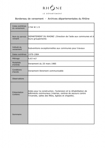 Subventions exceptionnelles aux communes pour travaux.
