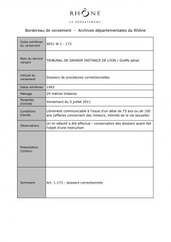 4651W - Tribunal de grande instance (TGI) de Lyon - Procédures correctionnelles.