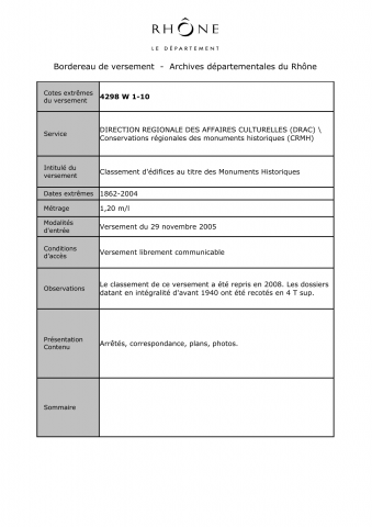 Classement d'édifices au titre des Monuments Historiques.