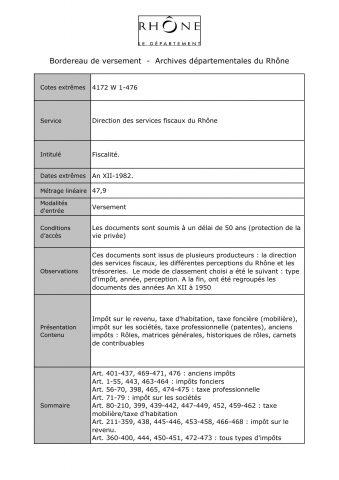 4172W - Direction des services fiscaux du Rhône - Fiscalité