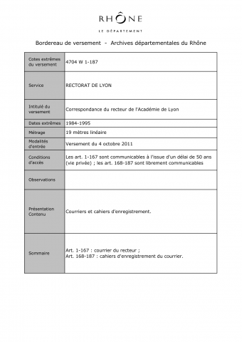 Correspondance du recteur de l'Académie de Lyon.