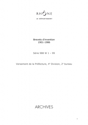 988W - Préfecture du Rhône - Brevets d'invention