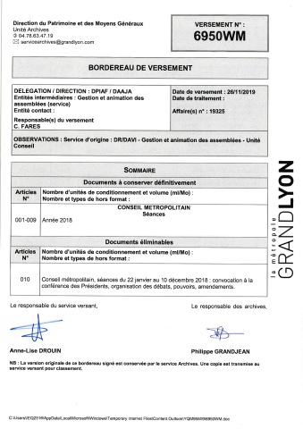 Conseil métropolitain, préparation et tenue des séances.