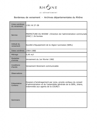 1301W - Préfecture du Rhône - Société d'équipement de la région lyonnaise (SERL)