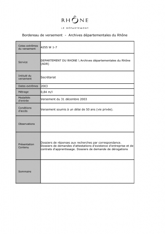 4255W - Archives départementales du Rhône (ADR) - Secrétariat