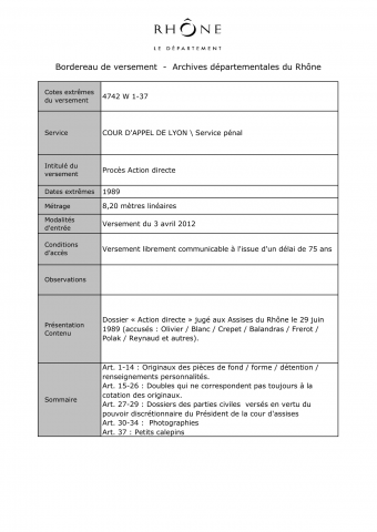Procès du groupe terroriste "Action directe" jugé aux Assises du Rhône le 29 juin 1989.