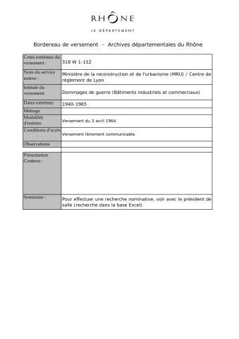 Dommages de guerre des bâtiments industriels, commerciaux et d'enseignement.