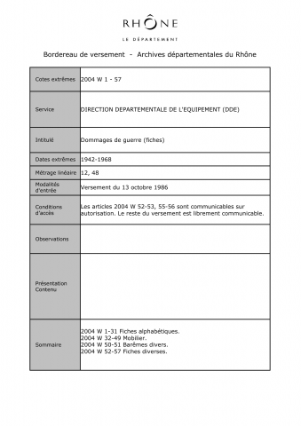 Dommages de guerre : fiches.
