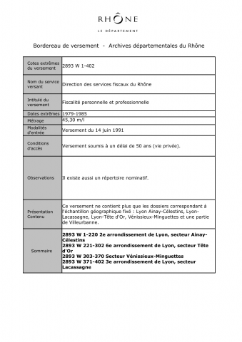 2893W - Direction des services fiscaux du Rhône - Fiscalité personnelle et professionnelle
